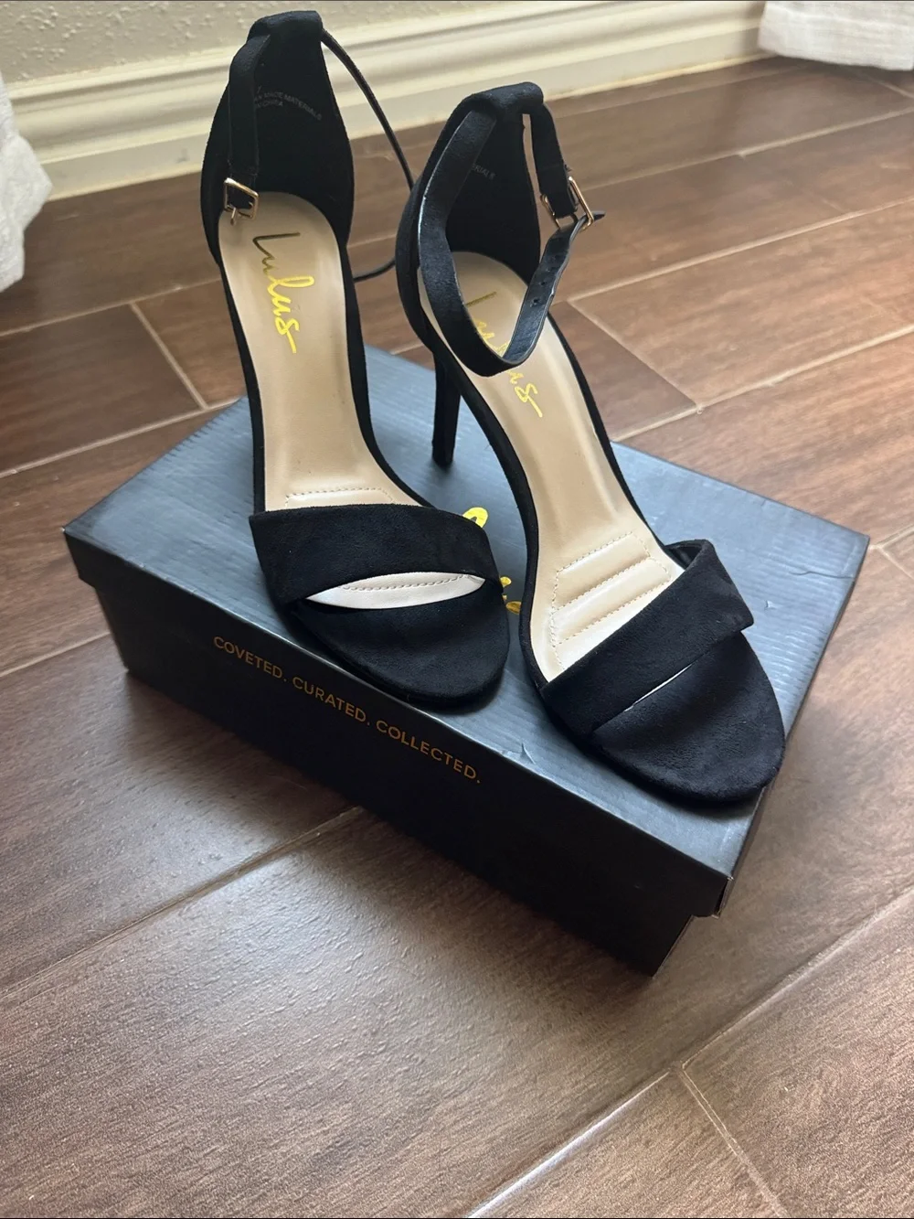 Lulu's Black Suede Open-Toe Ankle-Strap Heels
